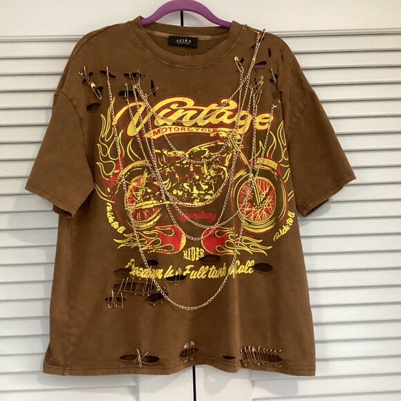 AKIRA Freedom Oversized Tee Size L Motorcycle Distressed Brown T-Shirt W/Chains - Picture 9 of 13
